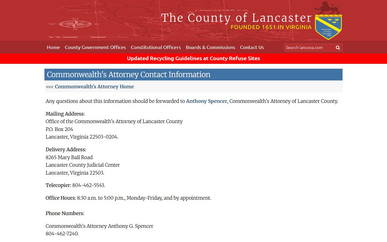 Lancaster County Commonwealth's Attorney contact page for court records after arrest