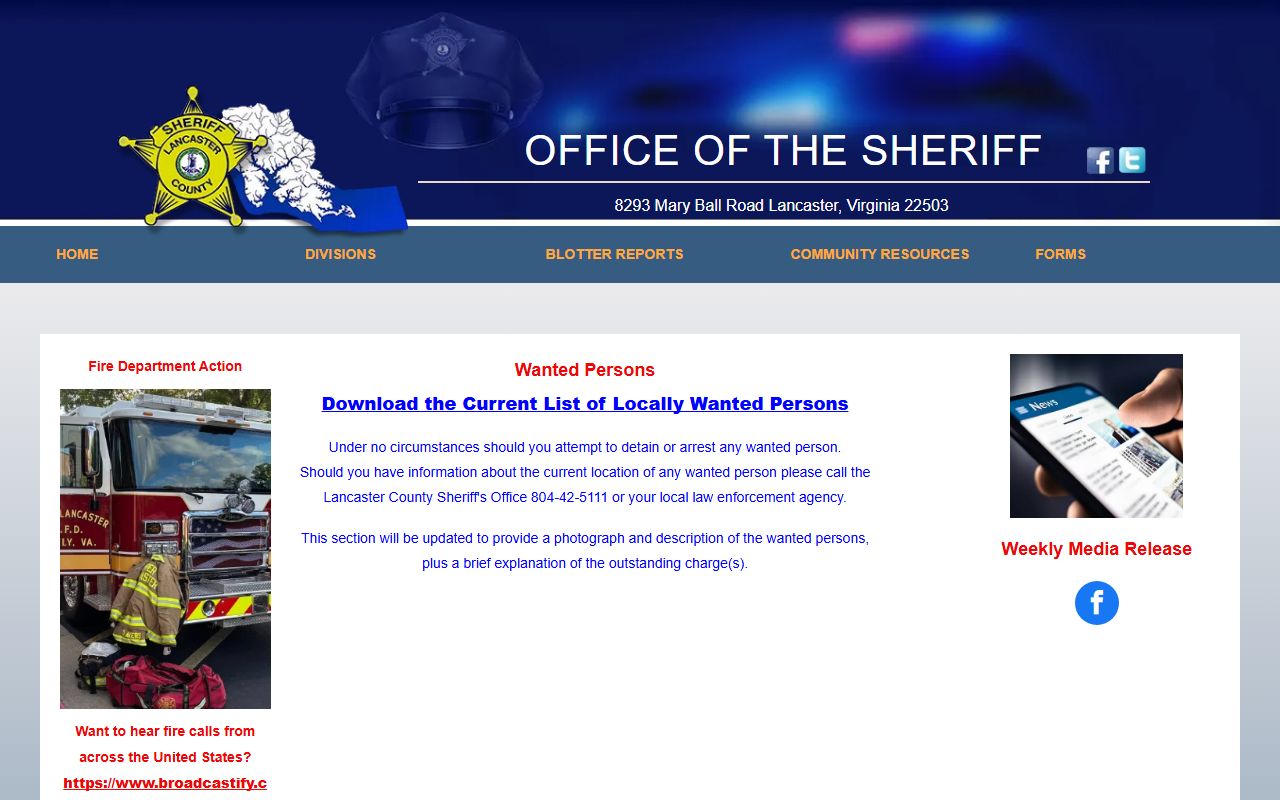 Lancaster County Sheriff's Office blotter page with wanted persons section